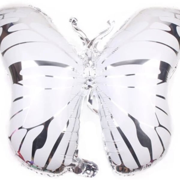 Silver butterfly-shaped foil balloon on a white background