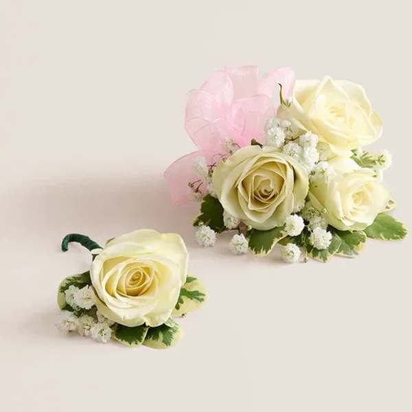 White Spray Rose Corsage & Boutonniere (Pink)
