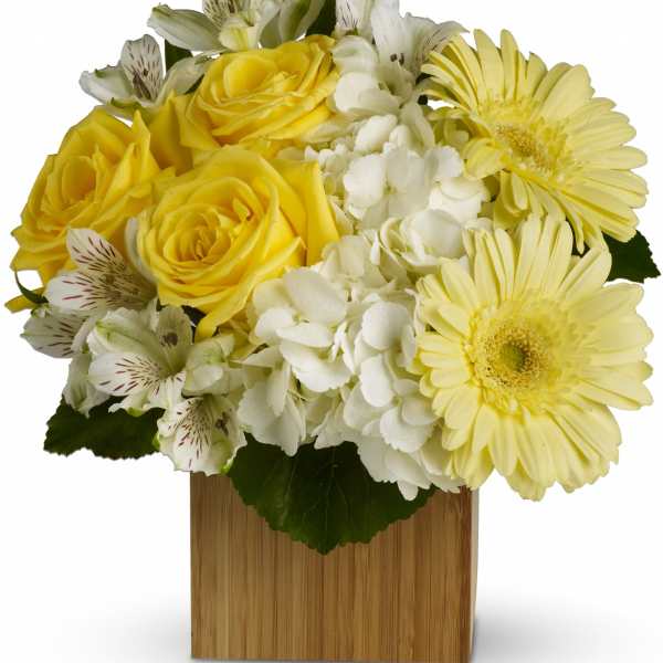Yellow roses and pale yellow daisies in a wooden cube vase