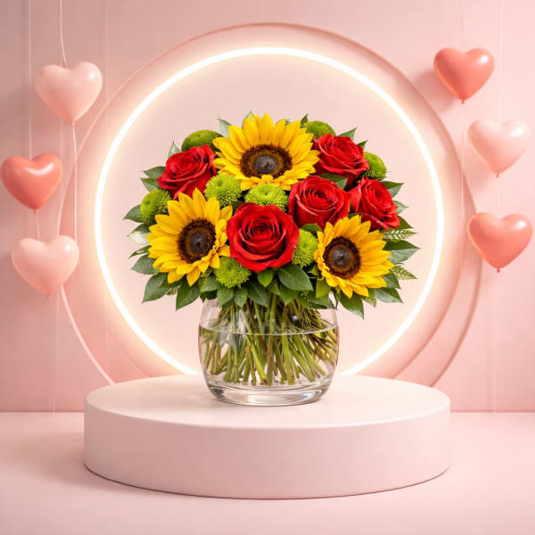 Bouquet of red roses and yellow sunflowers in a glass vase