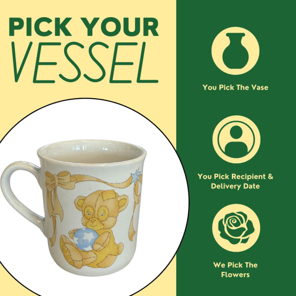 Ceramic mug with a teddy bear illustration and the text "Pick Your Vessel"