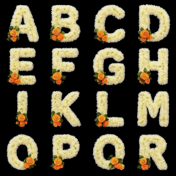 Floral letters A through Z made of pale yellow flowers with orange roses