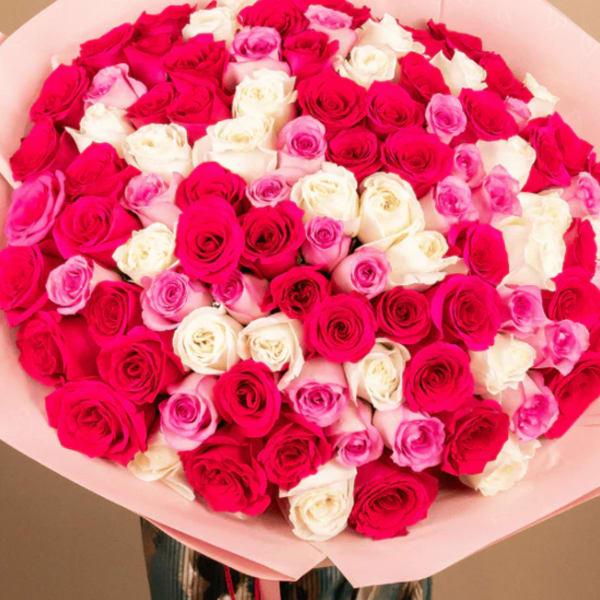 Large bouquet of pink, red, and white roses wrapped in pale pink paper