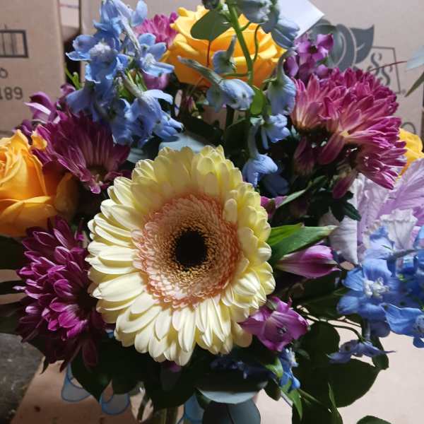 Mixed bouquet with a large cream gerbera daisy and colorful blooms