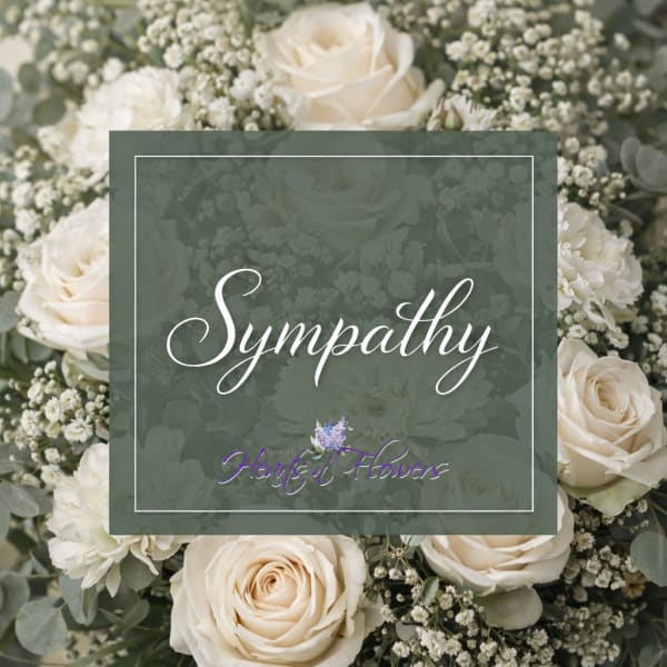 Cream roses and white filler flowers arranged around a sympathy card