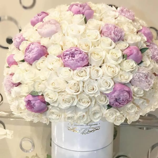 Large bouquet of white and lavender roses in a white vase
