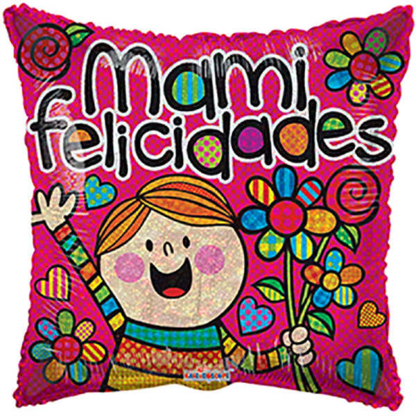 Colorful pillow with "mami felicidades" and a smiling child holding flowers