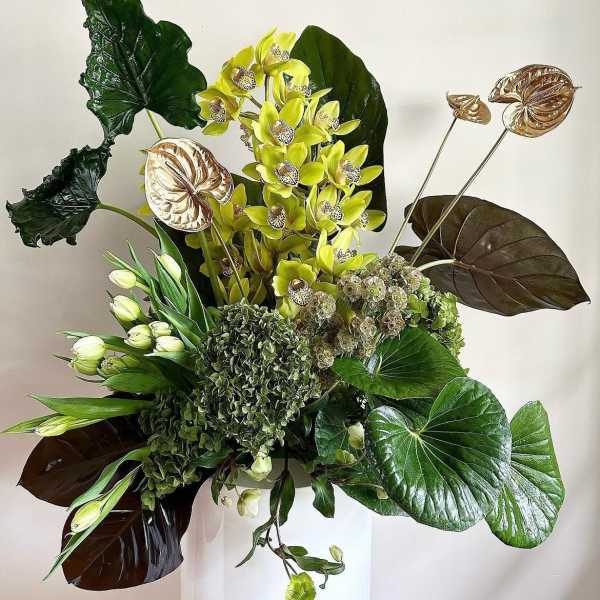 Tropical arrangement with yellow orchids and large glossy leaves in a white vase