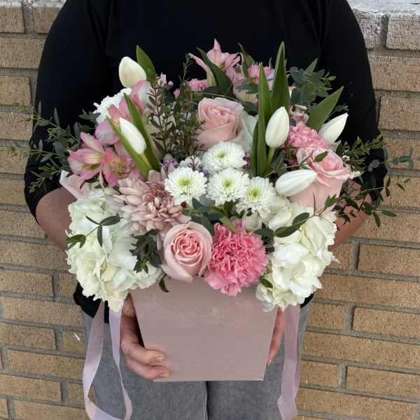 Pink and white mixed bouquet in a blush box with ribbon