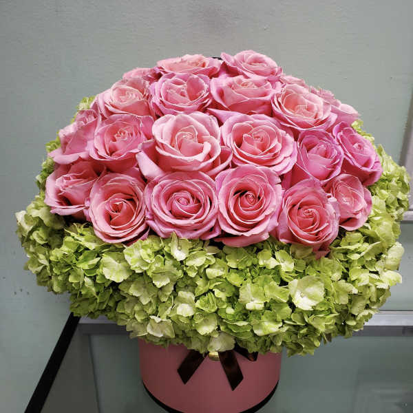 Pink roses arranged in a round pink box with green hydrangeas