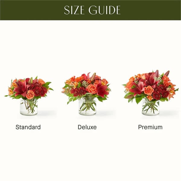 Three mixed flower arrangements in glass vases labeled standard, deluxe, and premium.