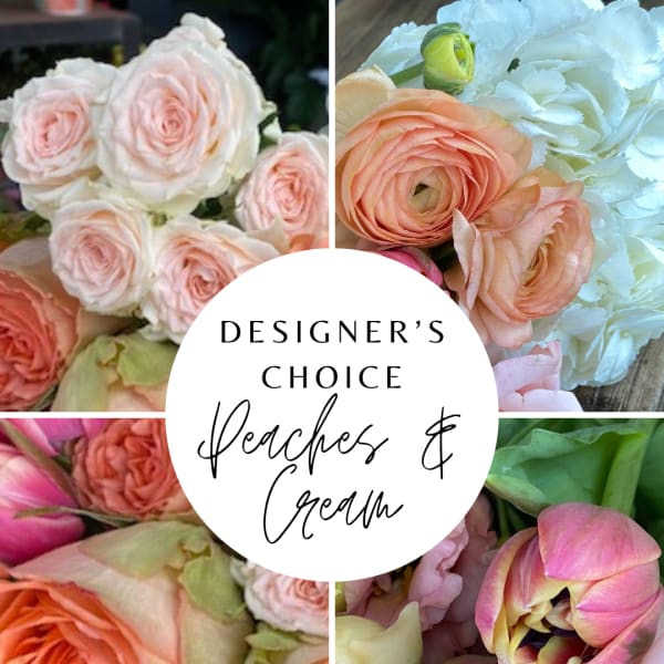 Collage of peach and cream flowers including roses, ranunculus, and tulips