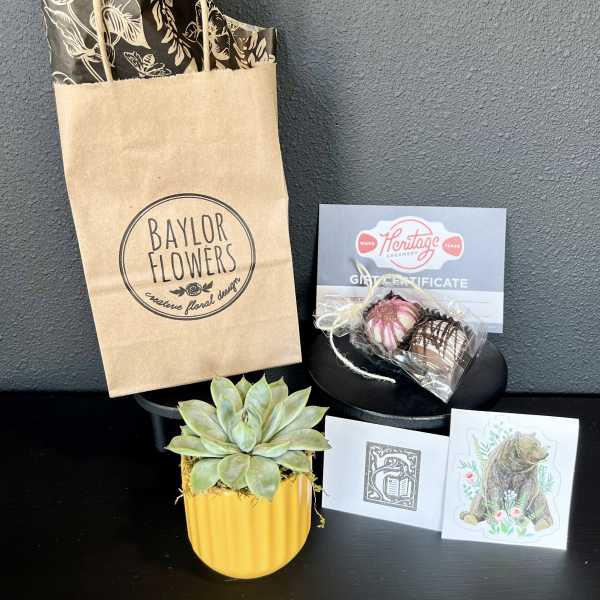 Gift set with a succulent, chocolates, and a gift certificate in branded packaging