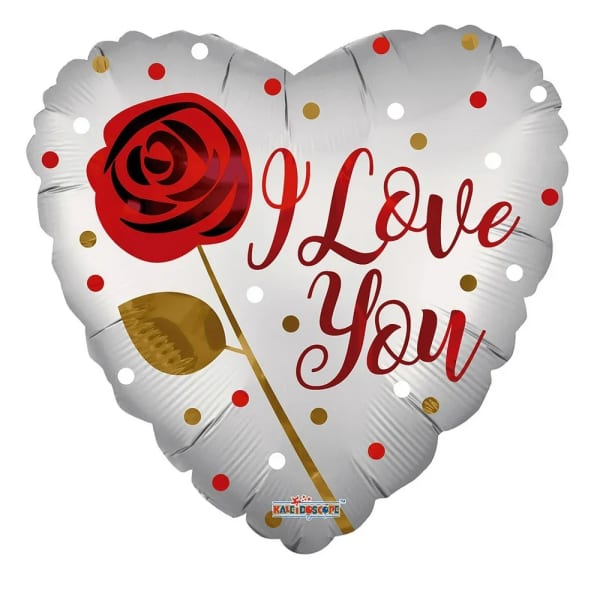 Heart-shaped foil balloon with a red rose and "I Love You" text