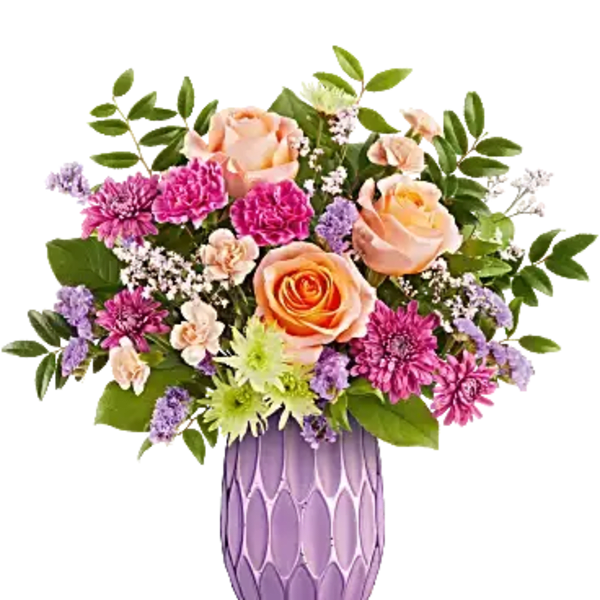 Peach and pink roses with purple flowers in a lavender vase