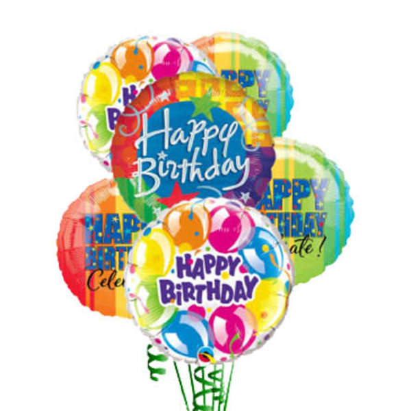 Cluster of colorful birthday balloons with "Happy Birthday" text