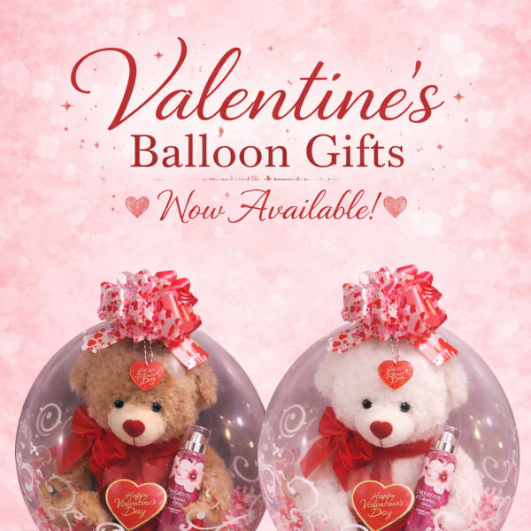 Two teddy bears in clear balloon gift boxes with Valentine decorations