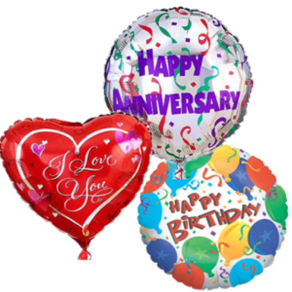 Three foil balloons reading Happy Anniversary, I Love You, and Happy Birthday