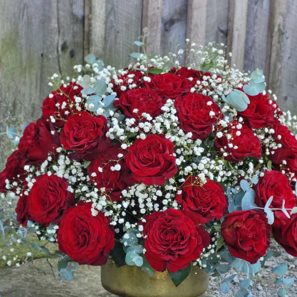 Red roses in a gold pedestal vase with baby's breath