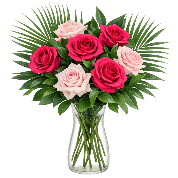 Pink Paradise – Hot Pink & Blush Roses with Tropical Greens