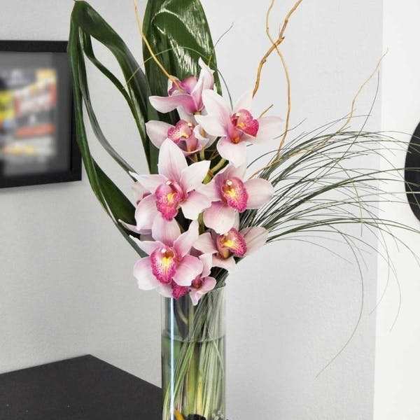 Pink orchids arranged in a tall glass vase with long decorative leaves