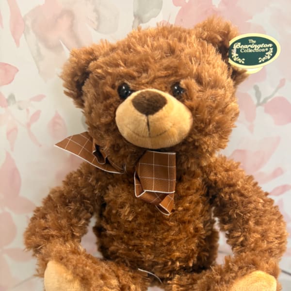 Brown teddy bear with a plaid bow tie against a floral background