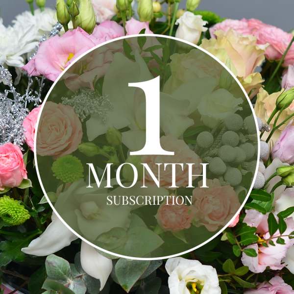 Mixed bouquet of pink and white flowers with a subscription label