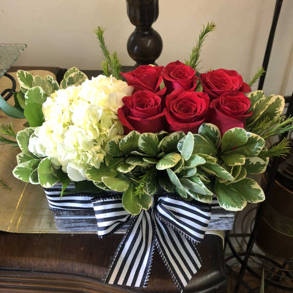 White Hydrangea Red Rose Box
