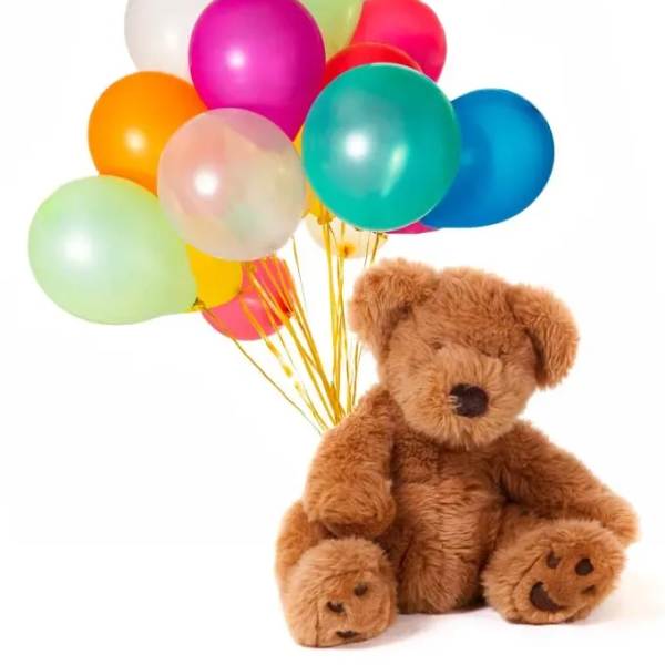 Teddy bear with a bunch of colorful balloons