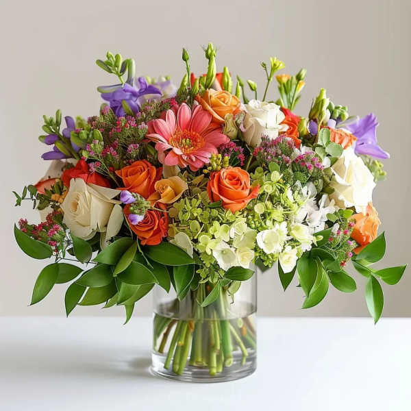 Mixed bouquet of roses, gerbera daisies, and purple blooms in a glass vase