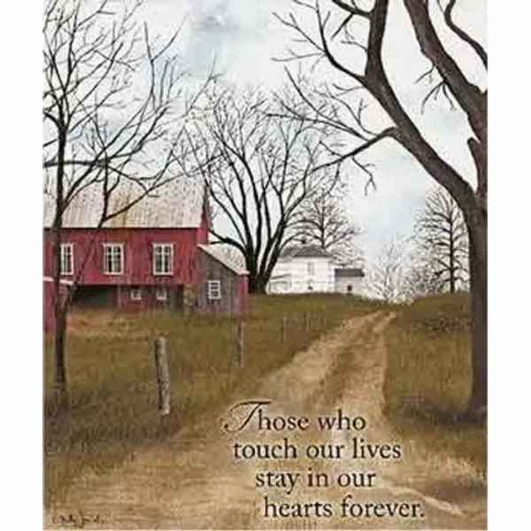 Memorial card with a rural path, bare trees, and a red barn