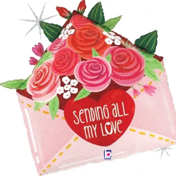 Heart-shaped balloon with pink roses and the words "sending all my love"