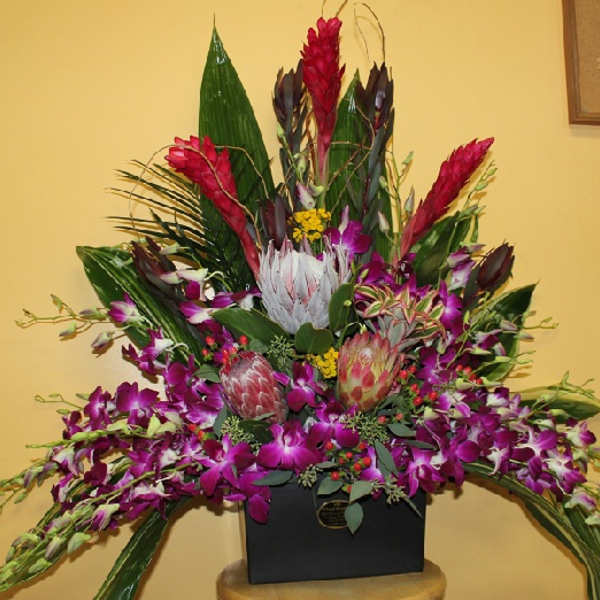 Large tropical flower arrangement in a black container with purple orchids and red blooms