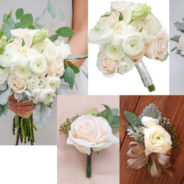 White and blush rose bouquet with eucalyptus and dusty miller