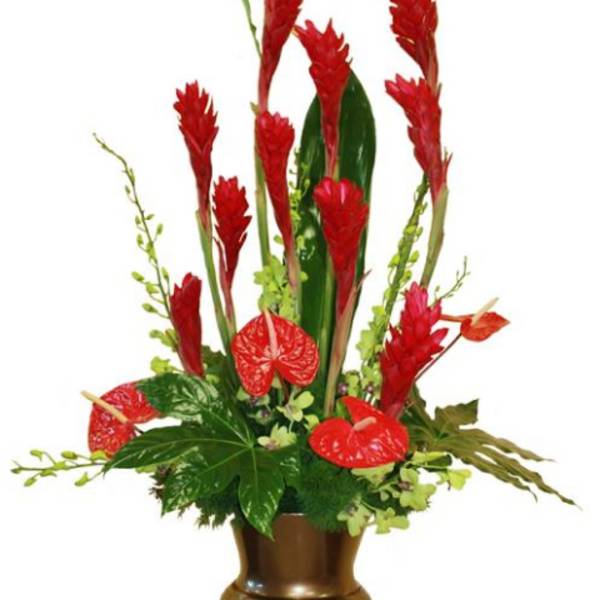 Red tropical flowers arranged in a bronze pedestal vase