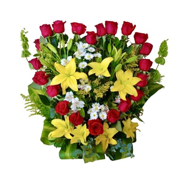 Bouquet of red roses and yellow lilies with small white daisies