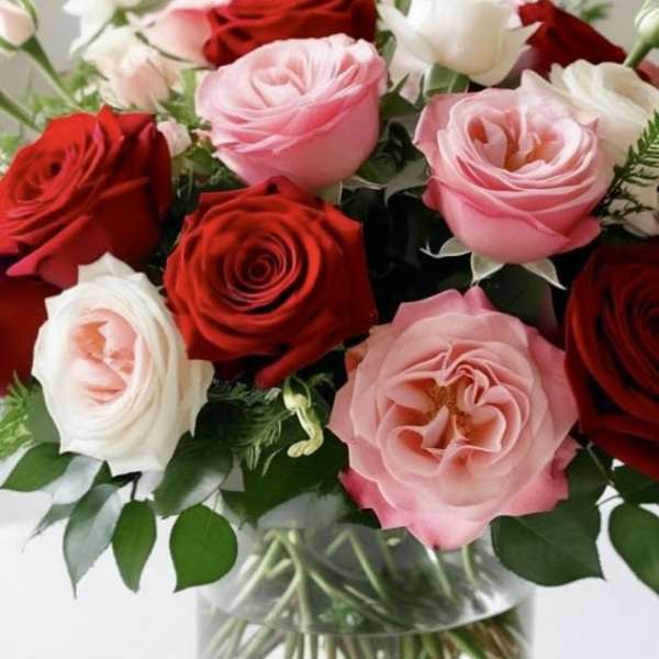 Bouquet of red, pink, and white roses in a clear glass vase