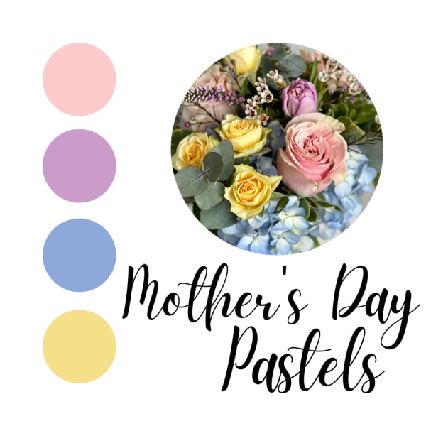 Pastel bouquet with pink and yellow roses, blue hydrangea, and purple blooms