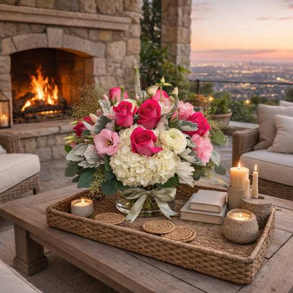 Pink and white floral centerpiece in a glass vase on a tray