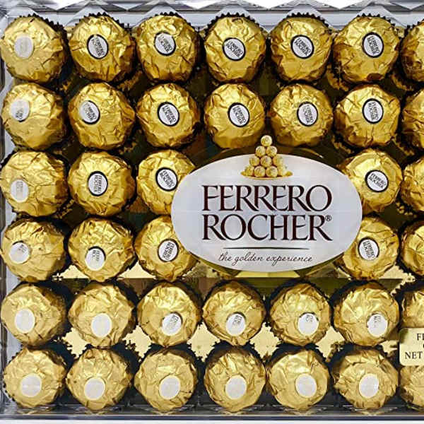 Box of Ferrero Rocher chocolates in gold wrappers