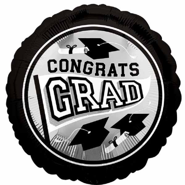 Round black and silver graduation balloon with "Congrats Grad" text