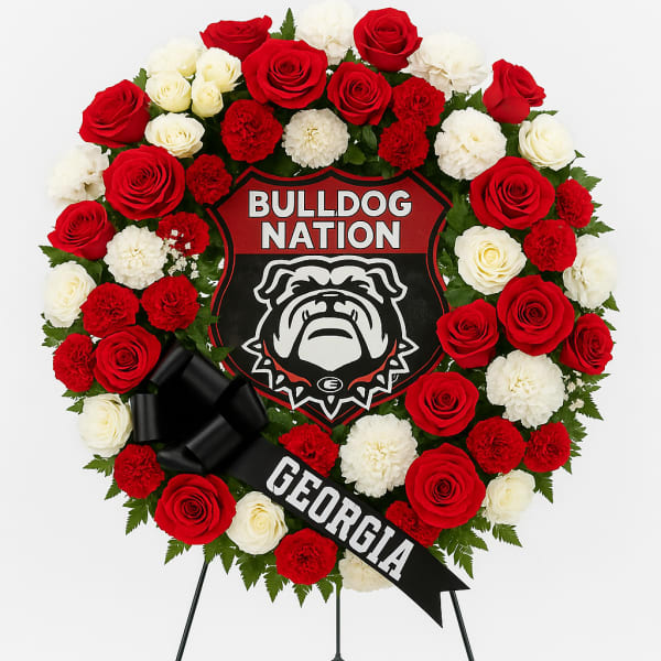 Red and white rose wreath with a bulldog emblem and Georgia ribbon on a stand