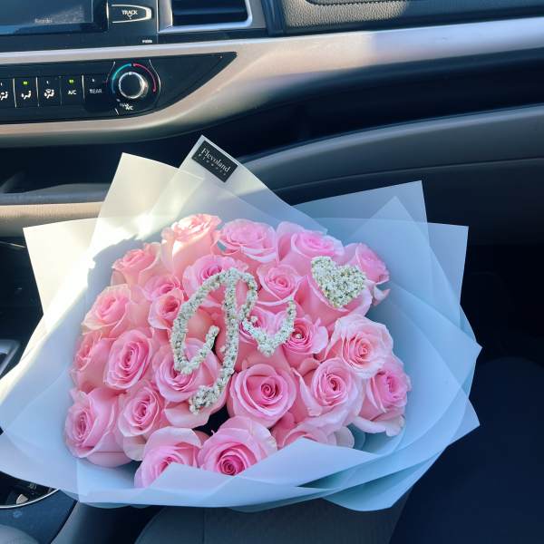 Pink Roses with a Baby’s Breath Letter