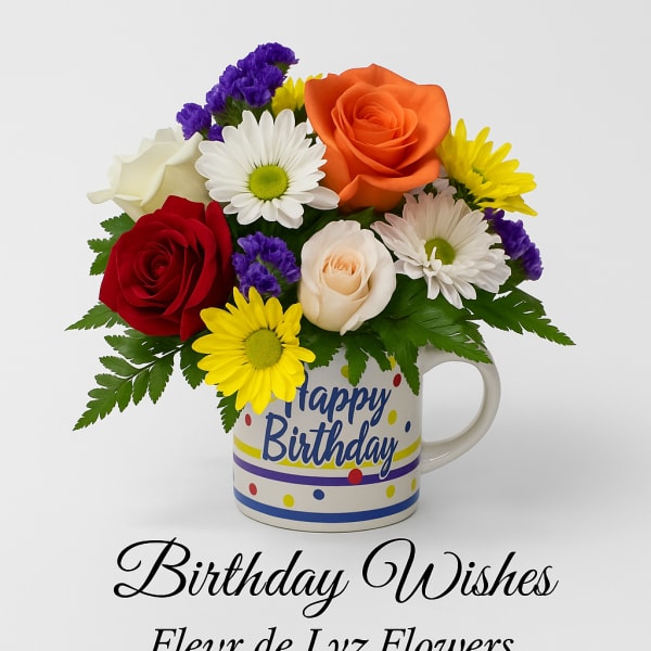 Mixed bouquet in a birthday mug with roses and daisies