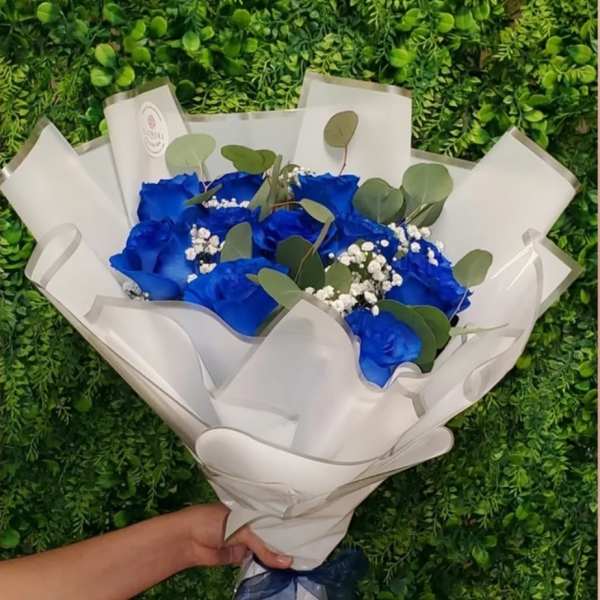 Handheld bouquet of vivid blue roses and white filler flowers wrapped in white paper