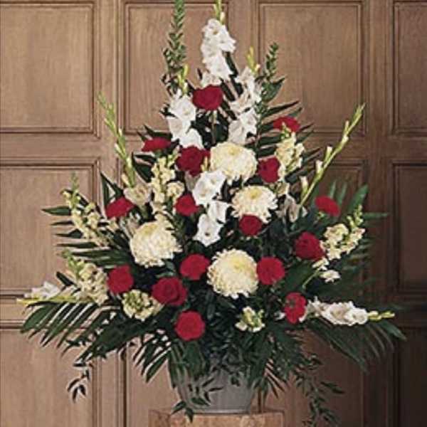 Red and white memorial arrangement