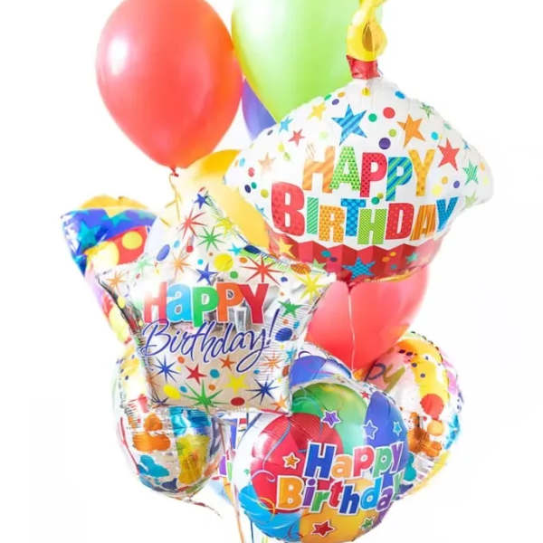 Cluster of colorful birthday balloons with printed "Happy Birthday" messages