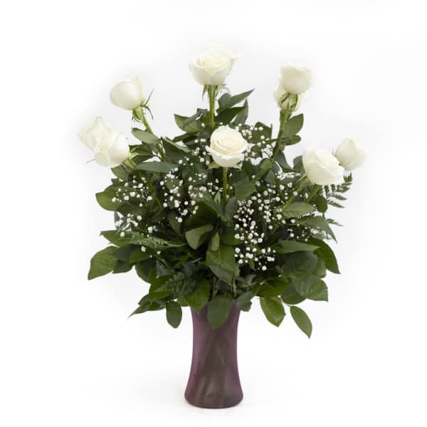 White roses in a purple vase with baby's breath