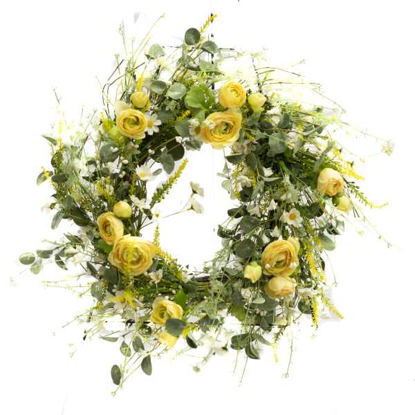 Yellow roses and white daisies arranged in a circular wreath
