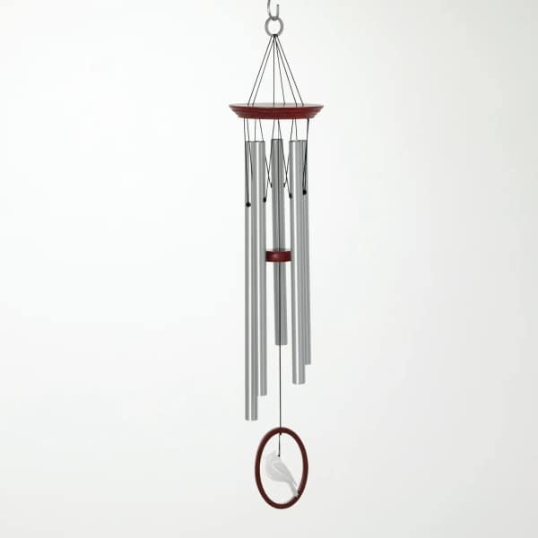 Silver wind chime with red accents and a bird ornament